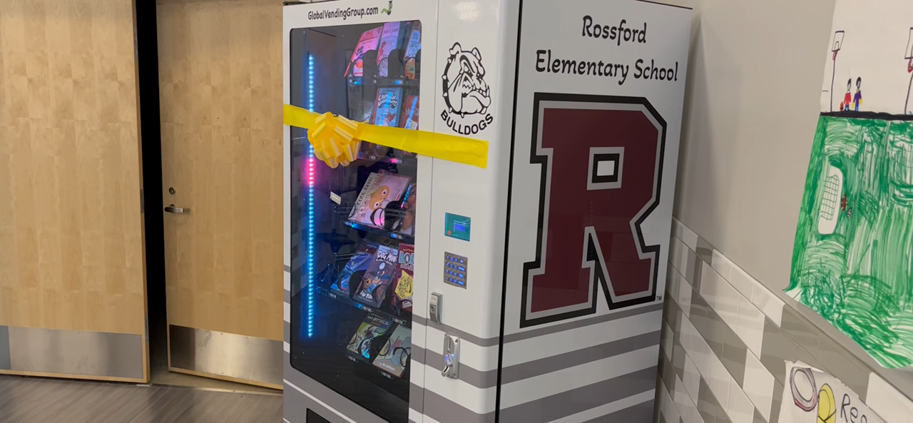 Picture of new Rossford Elementary book vending machine.